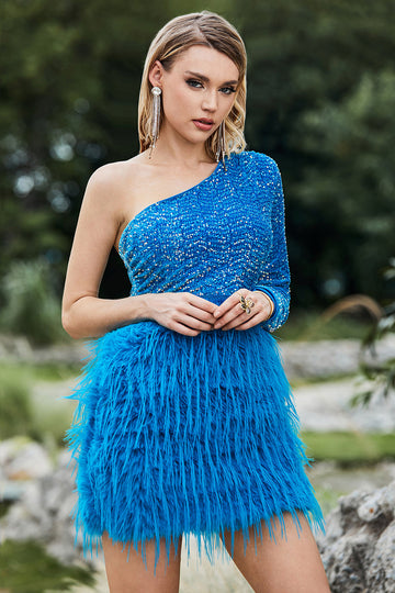 Vestido de fiesta con lentejuelas y plumas y mangas de un solo hombro brillantes